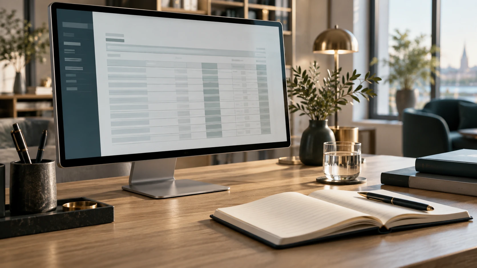 übersichtlicher Arbeitsplatz mit Finanzunterlagen